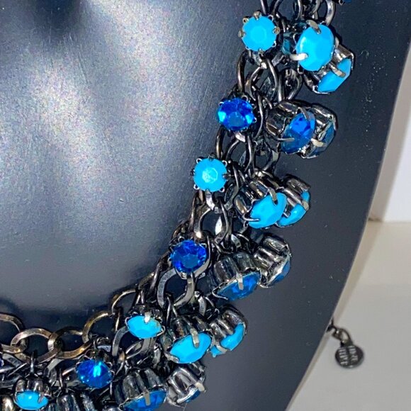Necklace by Bijoux Terner Dangling Beads Blue Black Metal Chain Prom Wedding - Picture 3 of 4